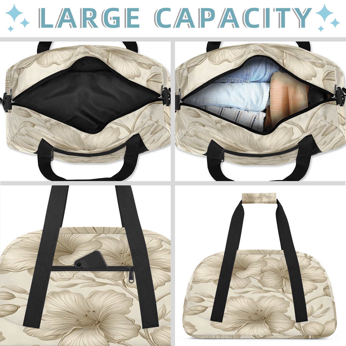 Herdesigns Beige Flower Sports Duffle Bag for Women & Men, Modern Floral Gym Bag Dance Bag Overnight Bag Carry On Weekender Travel Bag