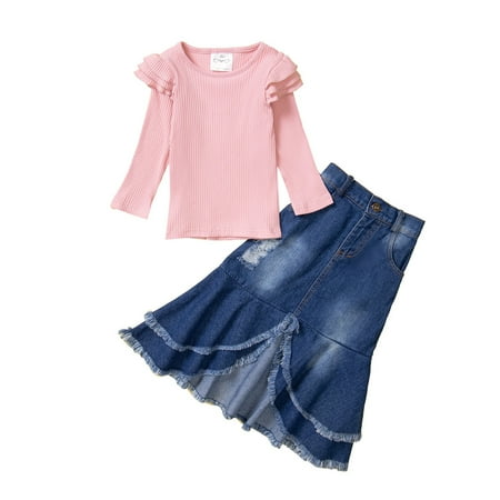 

Toddler Kids Baby Girls Clothes 2 Pieces Outfits Children Fall Solid Round Neck Long Sleeve Tops Ripped Fishtail Denim Skirt Set Clothes for Girls Size 14-16 Baby Girl Long Sleeve Set