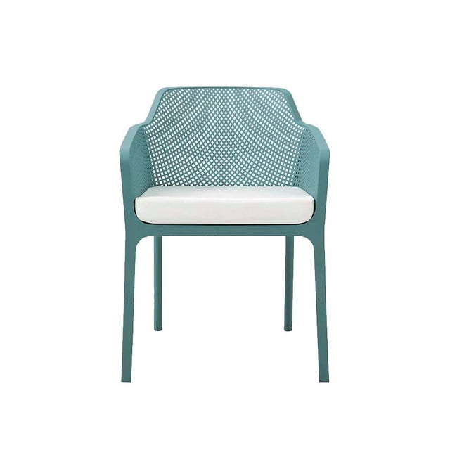 Silla Alterego Tampico apilable con brazos azul turquesa con diseño ergonómico y respaldo de rejilla para muebles de jardín y comedor al aire libre, ligera y adecuada para uso durante todo el año, también es ideal para espacios pequeños por su fácil apilado.