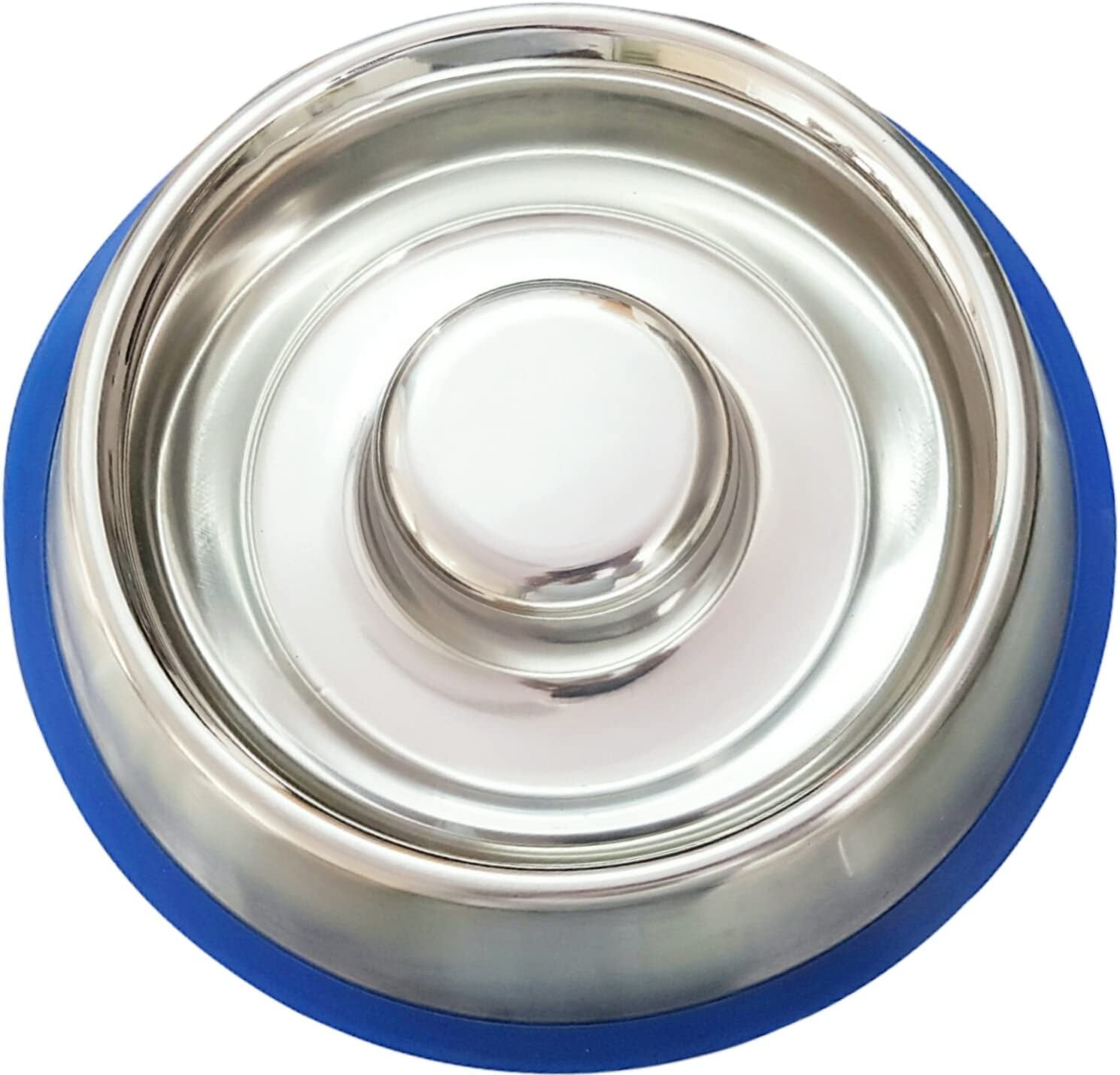 Stainless Steel Interactive Slow Feed Dog Bowl with a Blue Base, Fun Healthy Bloat Stop Feeder (Large)