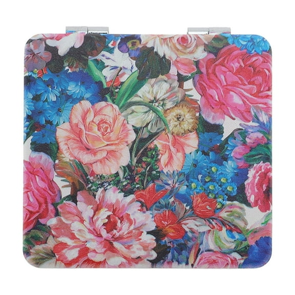Unique Bargains 1 Pc Oil Painting Flowers Makeup Mirror for Travel Vacation Colorful PU Stainless Steel Glass