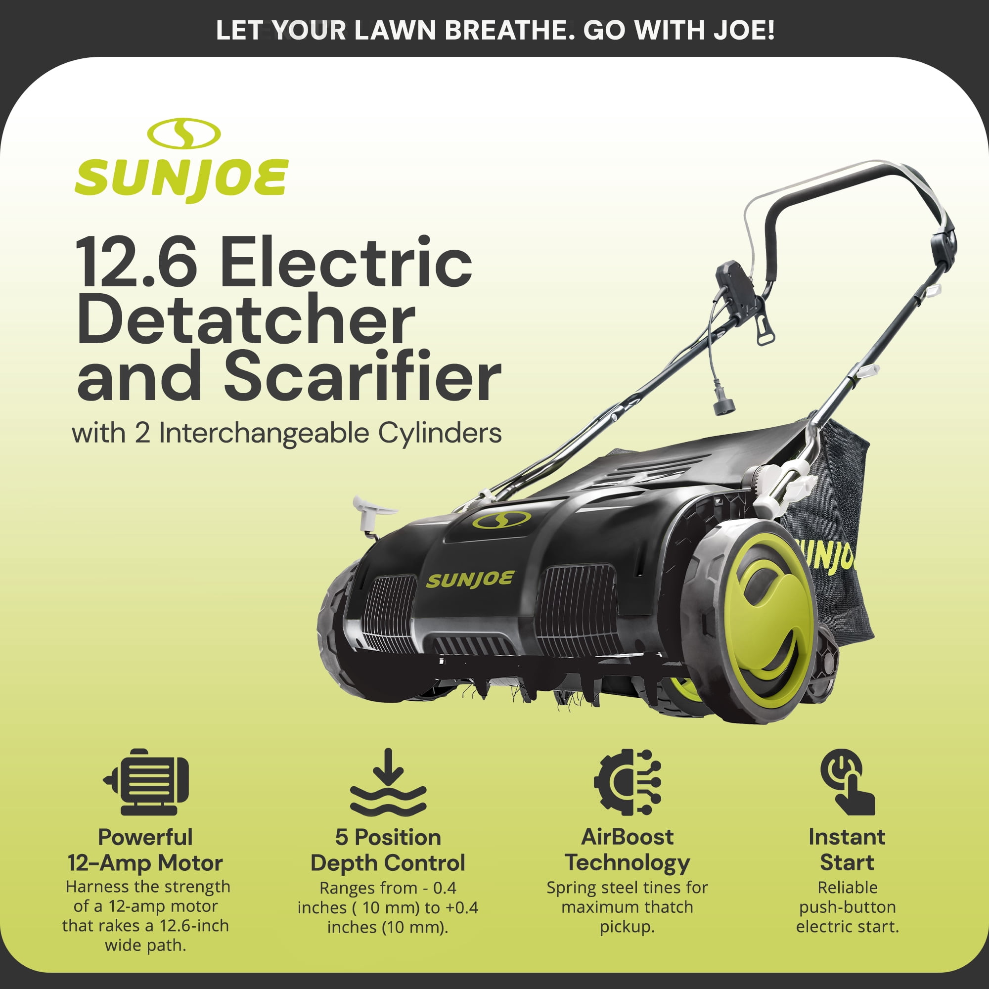 Sun Joe, AJ801E-RM, Walk-Behind Mowers, Electric Lawn Dethatcher Scarifier, 12 Amp, Green/ 13 Inch, 1, 1