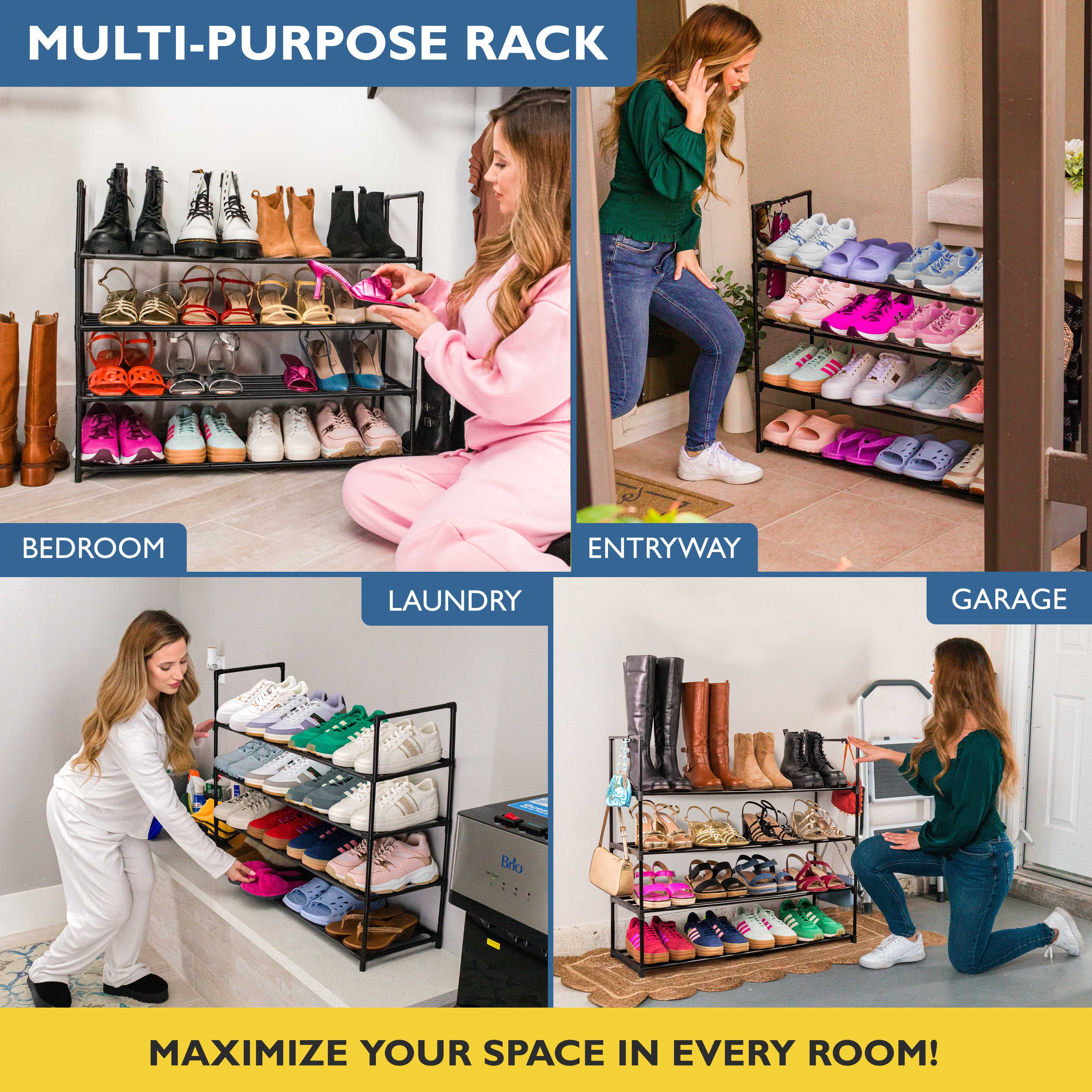 Sundaze Shoe Rack - 4 Tier Metal Shoe Rack for Front Door Entrance, Sturdy Long Shoe Organizer for Closet, Bedroom, Entryway, Garage, Black Metal Shoe Shelf, Holds Up to 20 Pairs