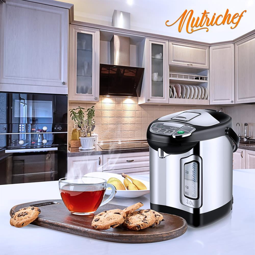 NutriChefKitchen Electric Water Boiler and Warmer - 3L/3.17 Qt Stainless Steel Electric Hot Water Dispenser w/ Rotating Base, Auto Shut Off, Safety Lock, Instant Heating for Coffee & Tea (NCHUB13)