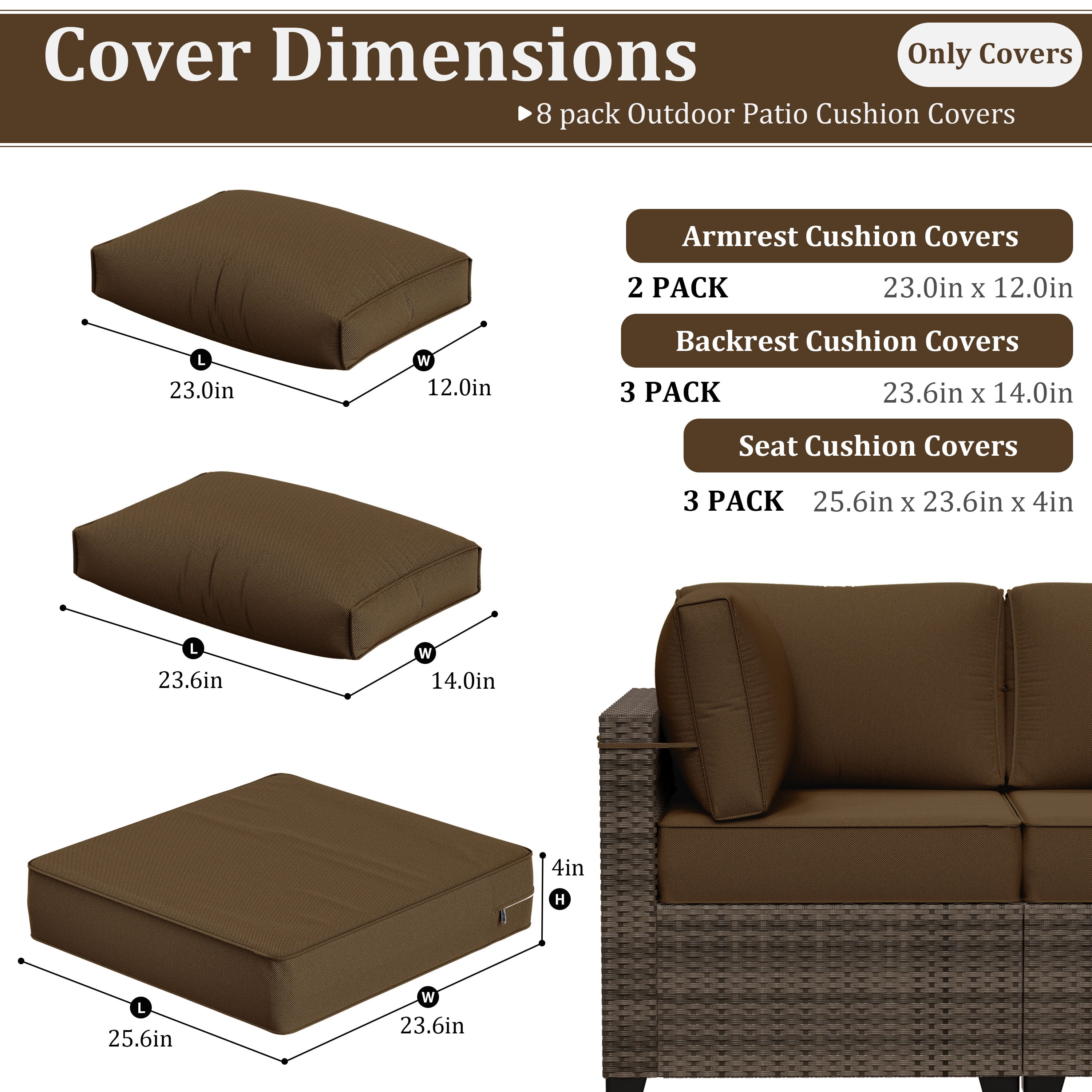 Snubbull 8 Pcs 25.6" x 23.6" Cushion Covers for Patio Furniture, Outdoor Waterproof Cushion Slipcovers Replacement with Zipper, Chocolate