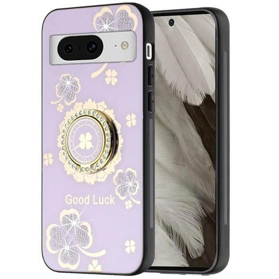 For Google Pixel 8 5G Diamonds 3D Bling Sparkly Glitter Ornaments Engraving Hybrid Fashion Ring Stand Cover ,Xpm Phone Case [ Purple Good Luck Floral ]