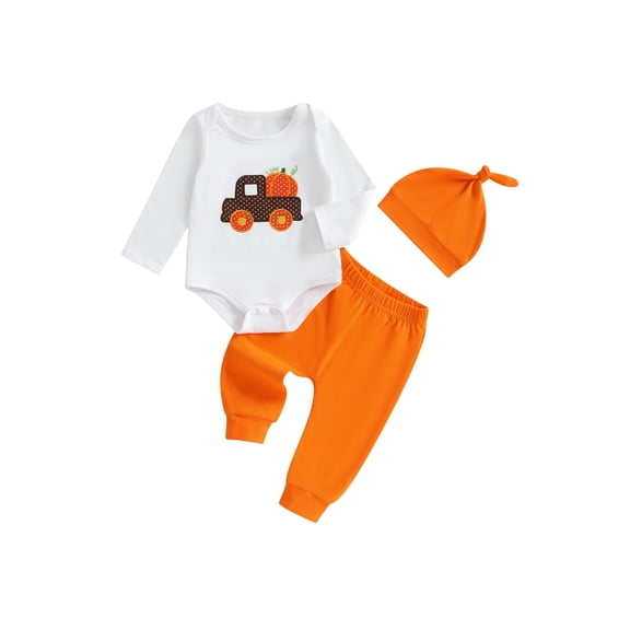 BemeyourBBs Baby Boy Halloween Outfit Pumpkin Truck Long Sleeve Romper Pants Hat