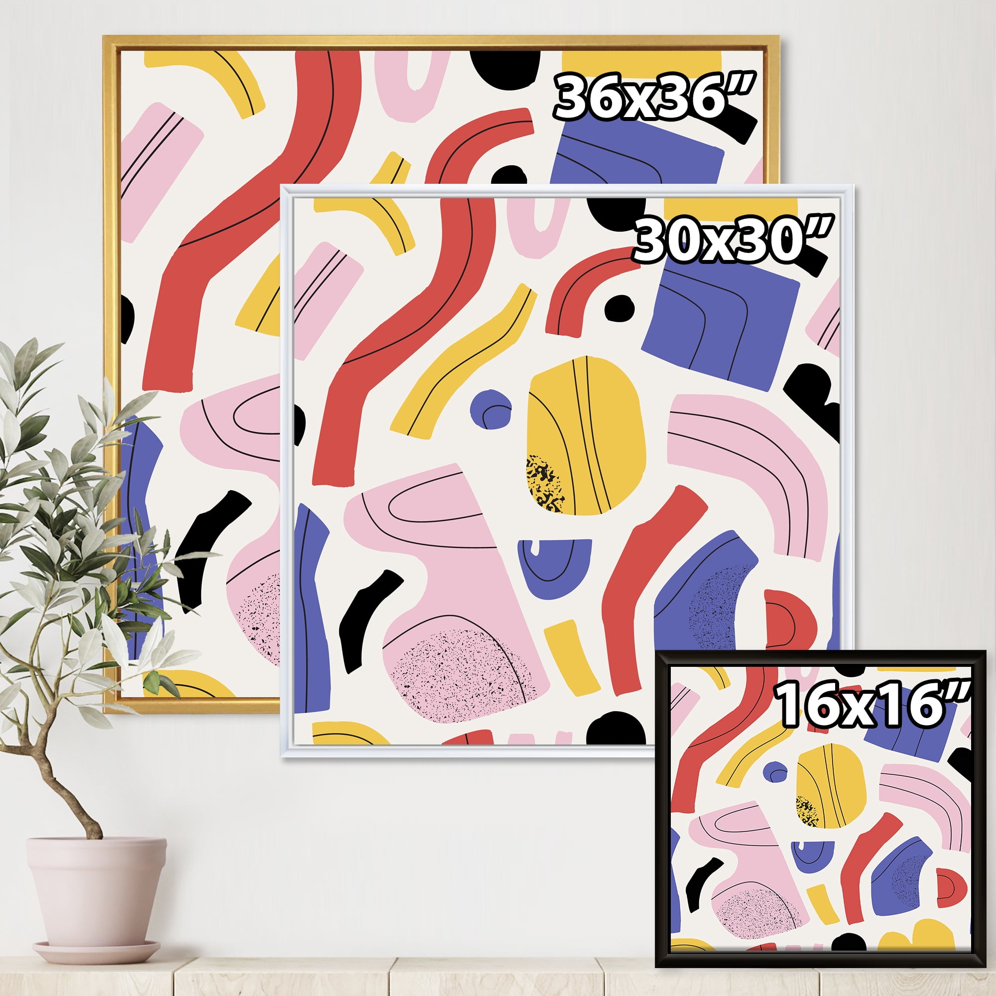 Designart 'Organic and Elements In Pink Yellow and Red' Modern Framed Canvas Wall Art Print