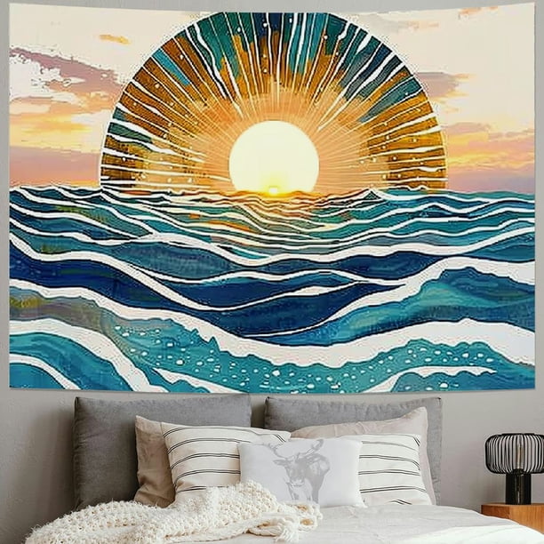 BCIIG Ocean Sunrise Wall Tapestry Waves Mid Century Modern Style
