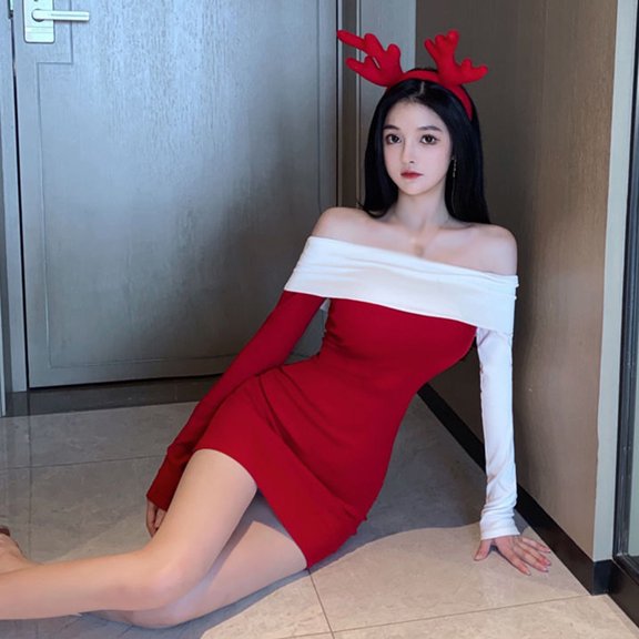 Women Christmas Velvet Costumes Sexy Mrs Santa Claus Dress Off Shoulder Long Sleeves Bodycon Party Dress
