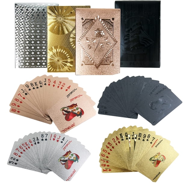 Fmoacen 4 Barajas Naipes Impermeables Plástico Negro Oro Rosa Naipes Papel de Aluminio Cartas de Póquer Juegos de Naipes Estándar Temáticos para Adultos Fiesta de Juegos Familiares