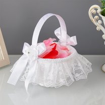Western Lace Flower Girl Basket White Bow Wedding Decoration Portable Petal Basket for Bridal Ceremony Christening Photo Props