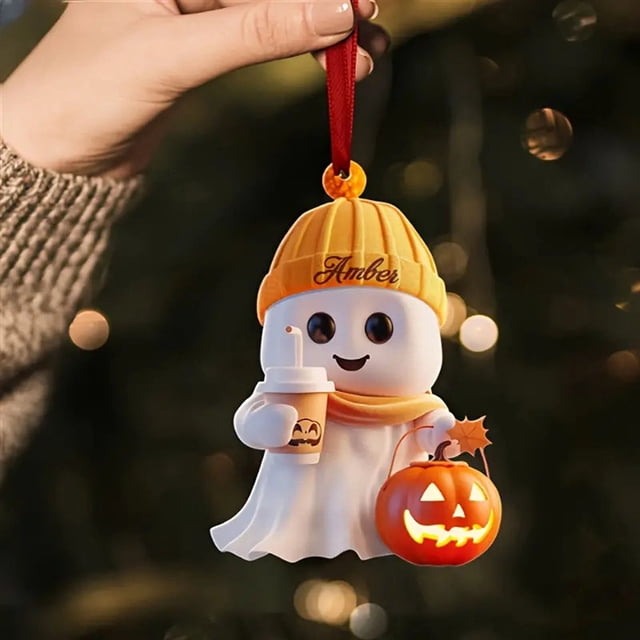 Calabaza Colgante de Acrílico para Halloween | Adorno de Calabaza Fantasma Duradero con Diseño de Taza de Café | Decoración de Halloween Espeluznante y Caprichosa | Multiusos para Halloween, Navidad