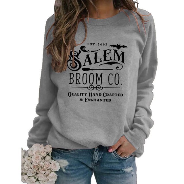 EQWLJWE Chandails en Molleton de Sorcière d'Halloween pour Femmes Imprimé Lettres Surdimensionné Hauts Manches Longues Col Rond Pull Chandails en Molleton d'Automne pour Femmes