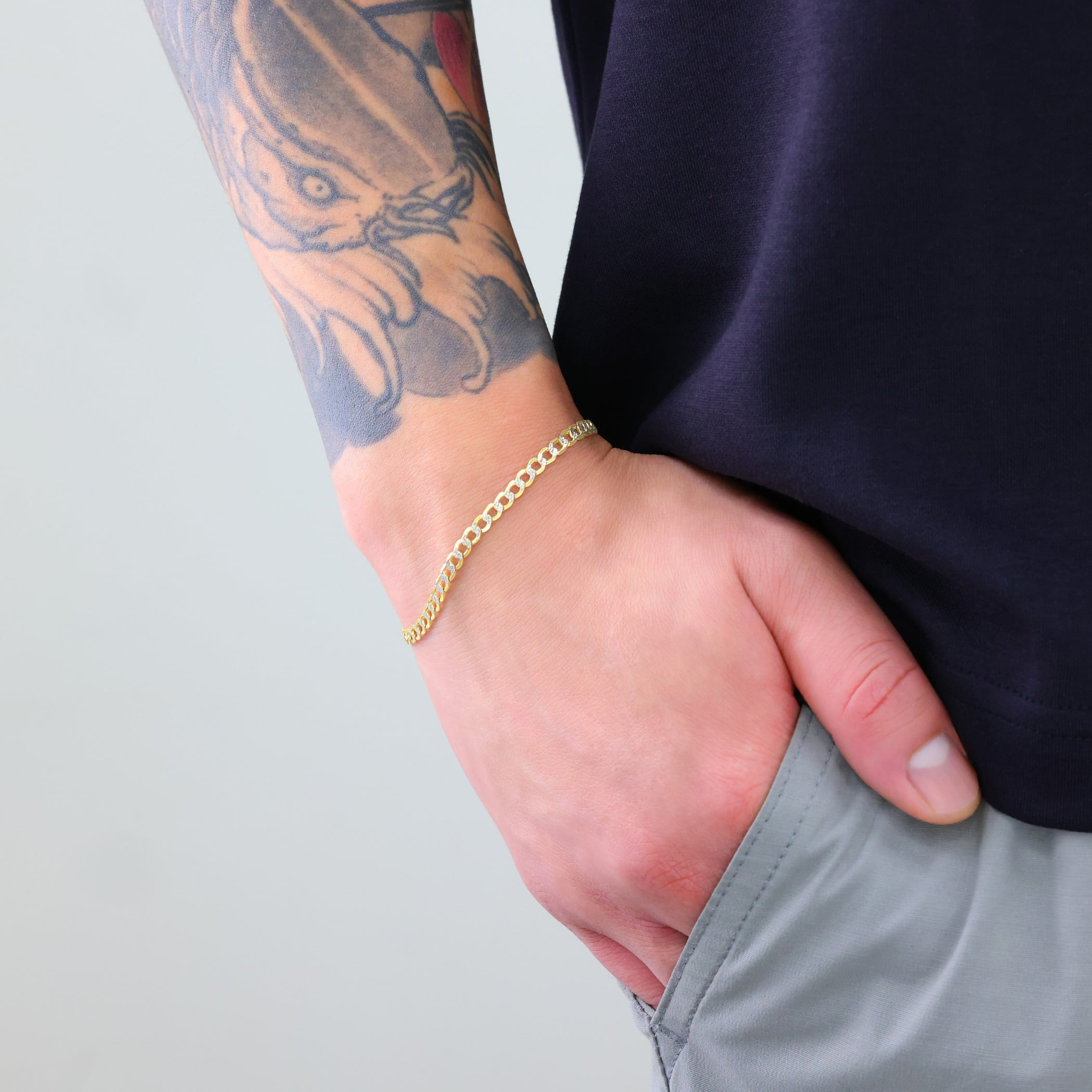 Nuragold 10k Real Yellow Gold Cuban Curb Link 3.5mm Diamond Cut Pave Chain Bracelet or Anklet (7"-9") Two Tone Italian Jewelry for Men & Women