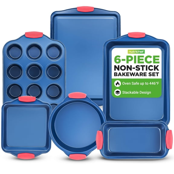 NutriChef 6-Piece Nonstick Bakeware Set Carbon Steel Baking Trays W/ Heat safe Silicone Handles