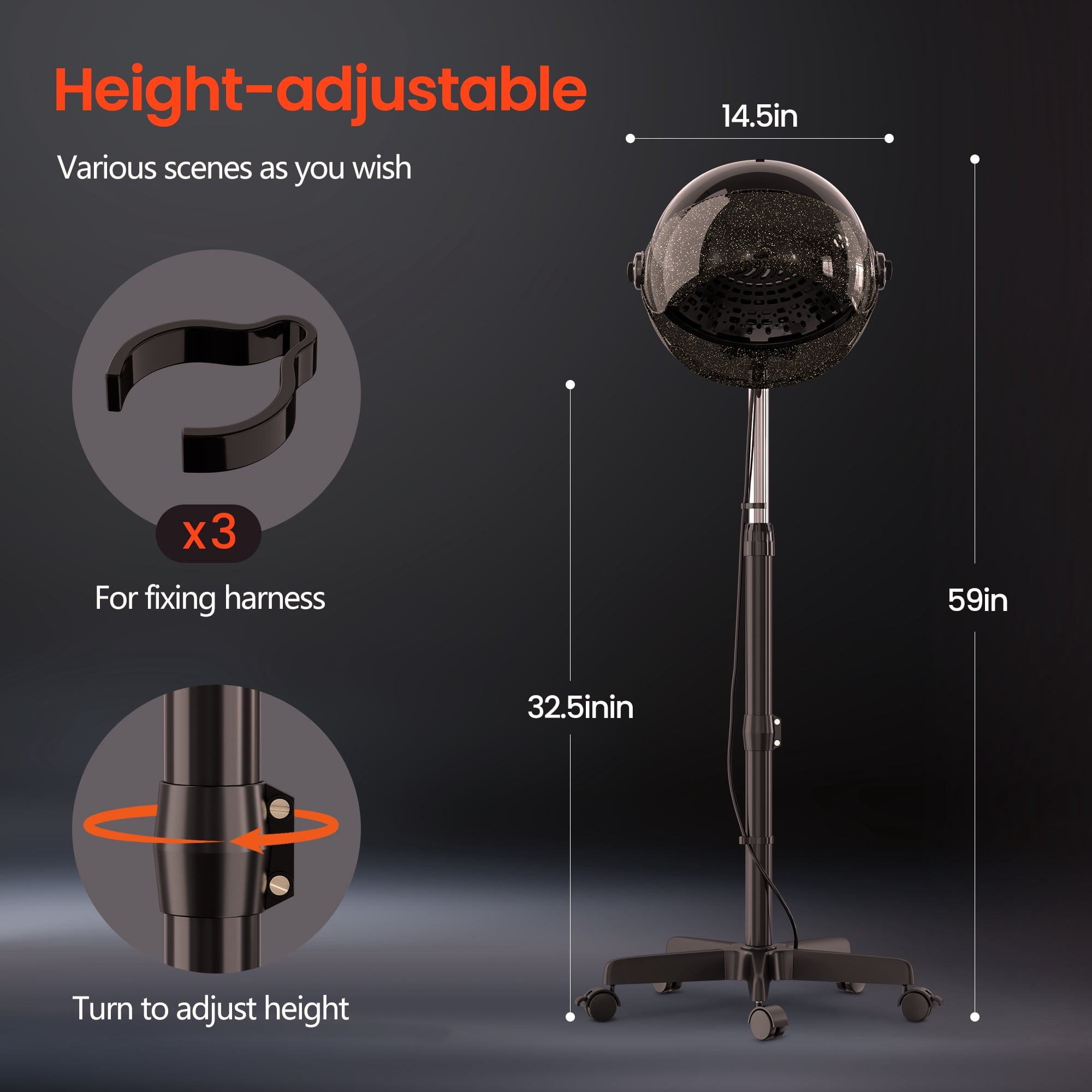 DEER BEAUTY Professional Standing Hooded Hair Dryer, Ionic Bonnet Dryer with 3 Heat Settings, Mobile Base Hood Hair Dryer for Home and Salon