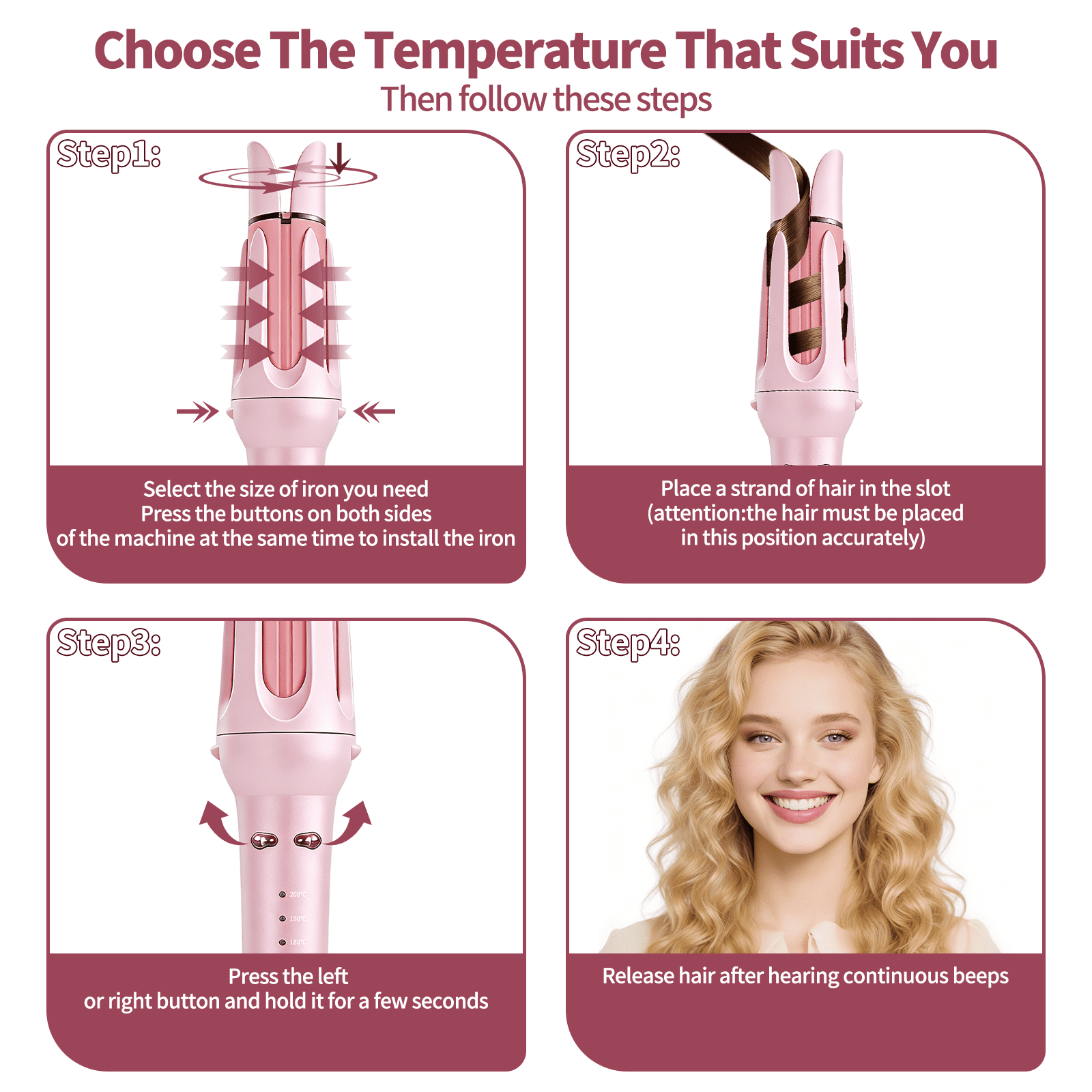 3-in-1 Auto Rotating Curling Iron with Waver & Straightener Brush, Anti-Scald Hair Styler Pink