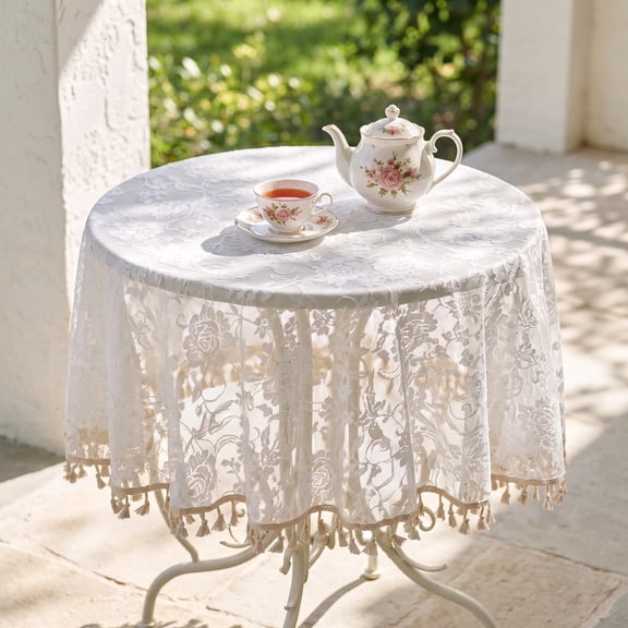 2 Pack French Floral Lace Round Tablecloth, Elegant Cream Style Tassel Table Cover, Decorative Table Linen for Wedding Dining Home Decor