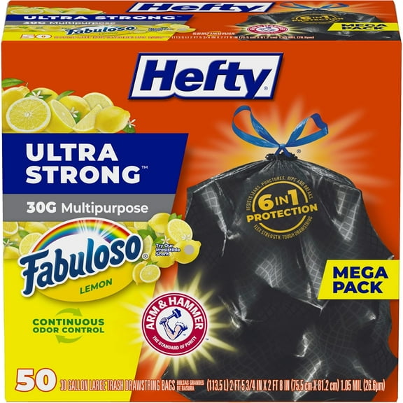 Ultra Strong 30 Gallon , Large 30 Gallon Size, Multipurpose, Break Resistant Drawstring Closure, Resists Leaks, Punctures, and Tears, Black, Fabuloso Lemon Scent, 50 Bags