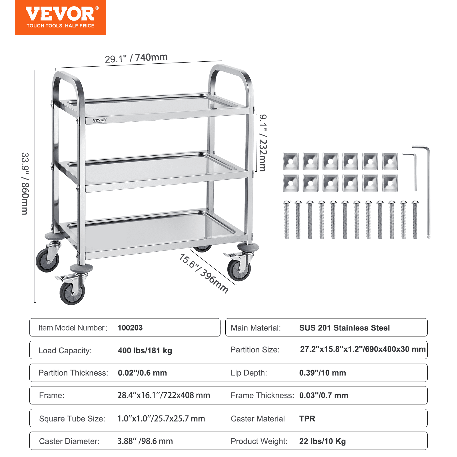 BENTISM 3-Tier Lab Cart Stainless Steel Cart Mobile Lab Utility Cart 400 lbs for Lab Clinic Commercial Rolling Utility Cart 29.1'' x 15.6'' x 33.9''