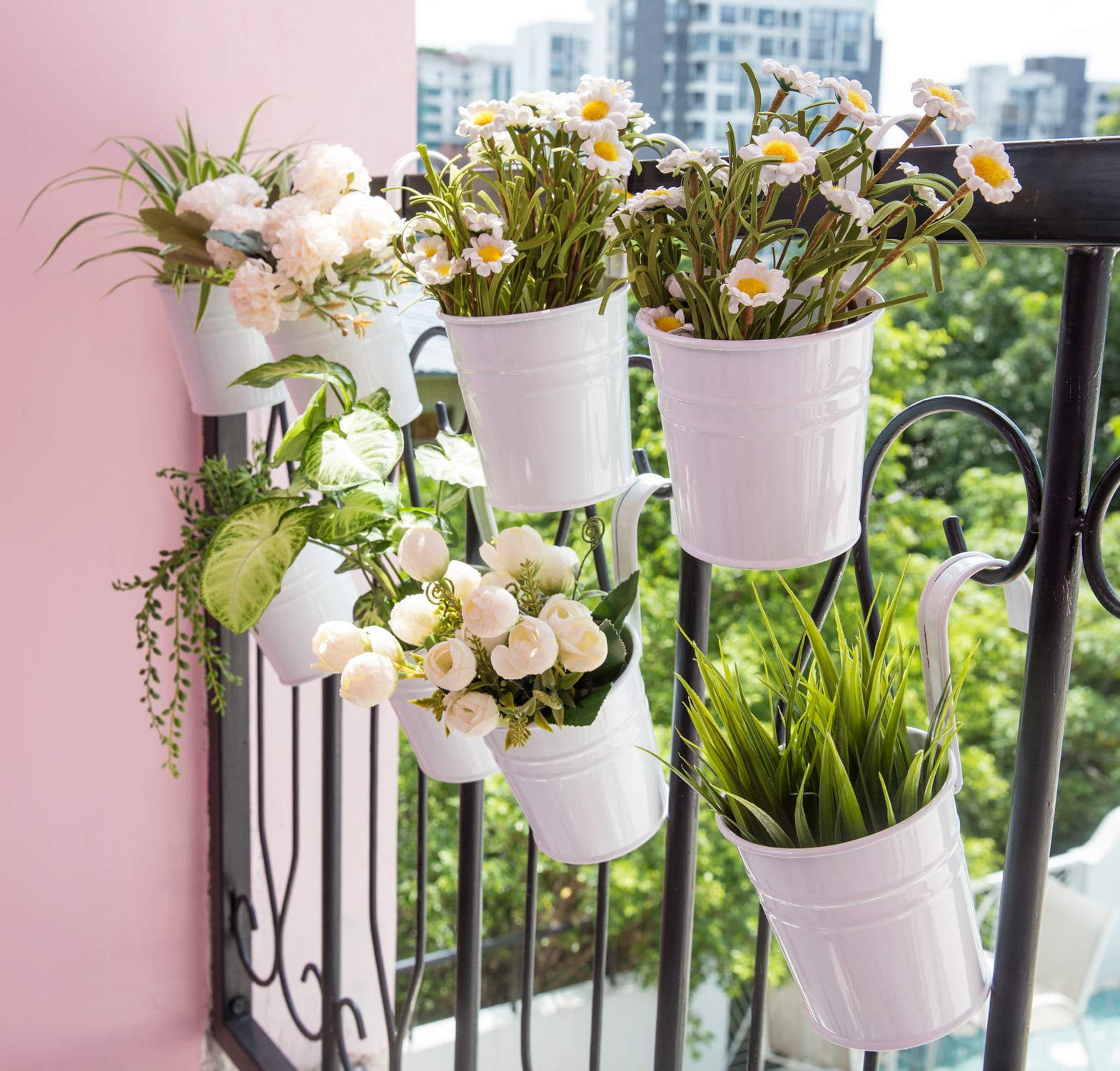 10 Pcs Hanging Flower Pots Metal Iron Bucket Planter for Railing Fence Balcony Garden Home Decoration Flower Holders with Detachable Hooks, White, 4 inches