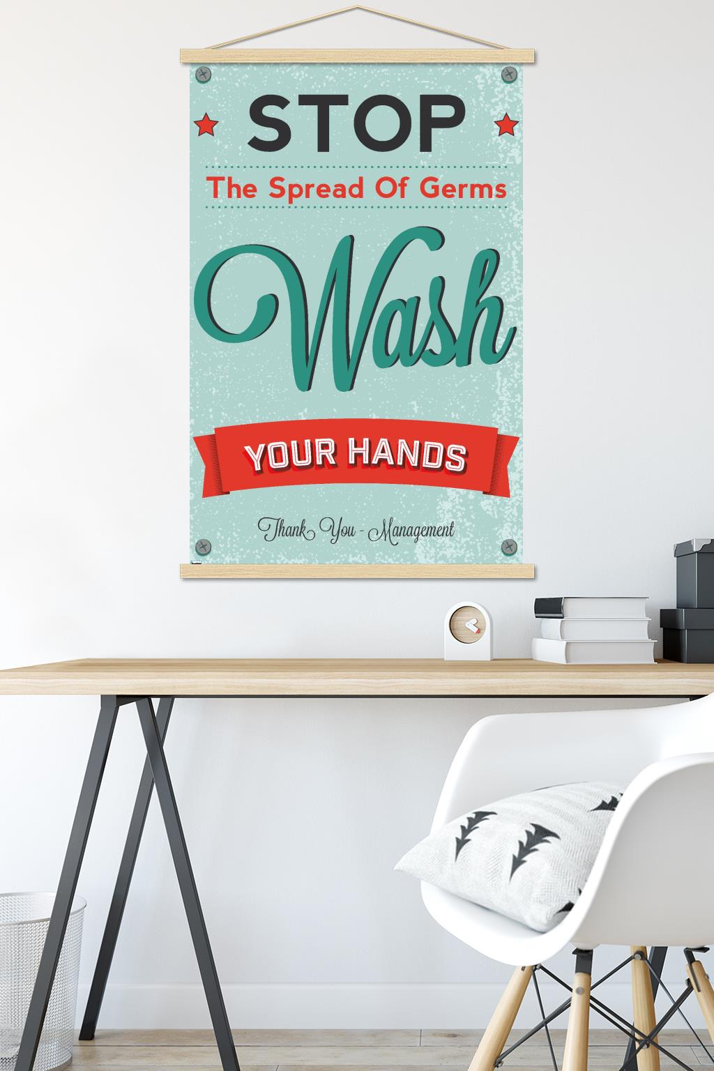 Stop The Spread of Germs - Wash Your Hands Wall Poster with Wooden Magnetic Frame, 22.375" x 34"