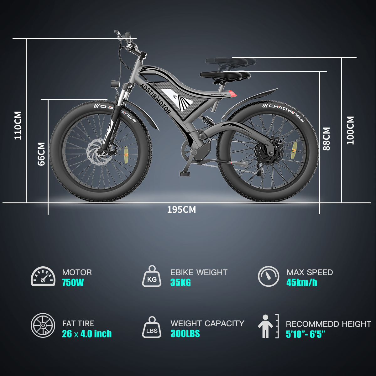 Aostirmotor Electric Mountain Bike 750W 48V15Ah Removable Lithium Battery, Fat Tire Ebike 26x4.0 inch Electric Bike for Adults UL2849