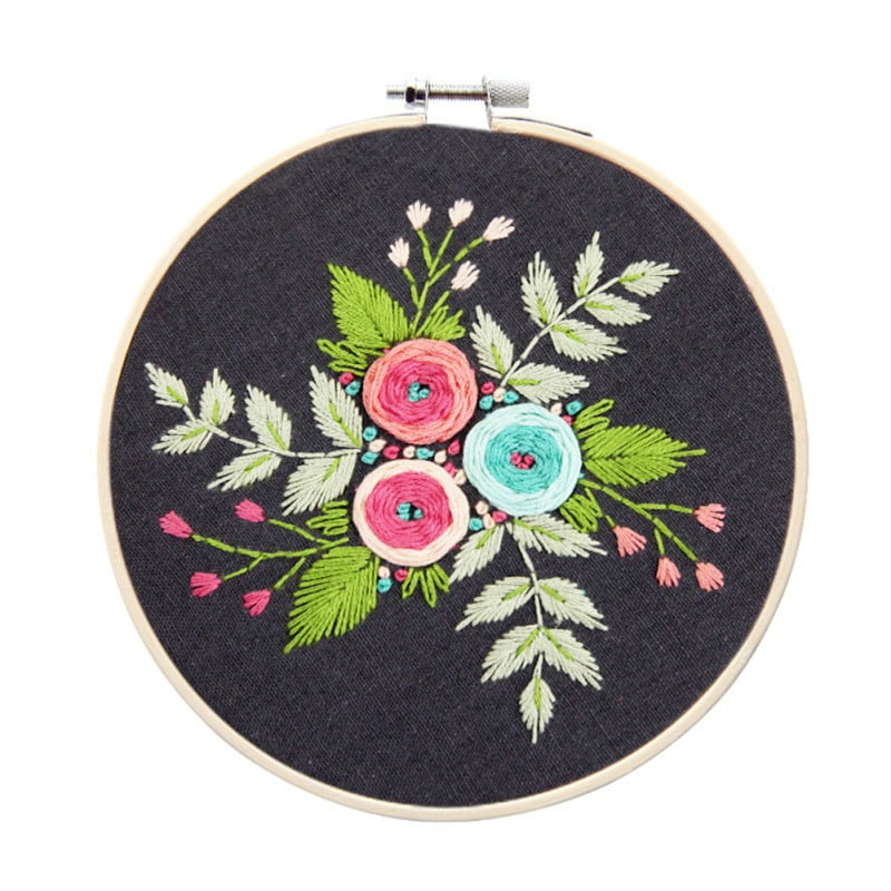 2 Pack Embroidery Starter Kit with Pattern and Instructions,Cross Stitch Set Kit Full Range of Stamped Embroidery Kits with 2 Embroidery Clothes with Plants Rose Flower Pattern 2 Embroidery Hoops 