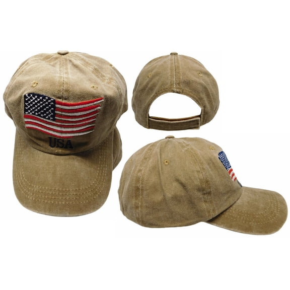 USA Waving Flag Brown / Tan Washed Thin Stripes Embroidered Cotton Cap Hat