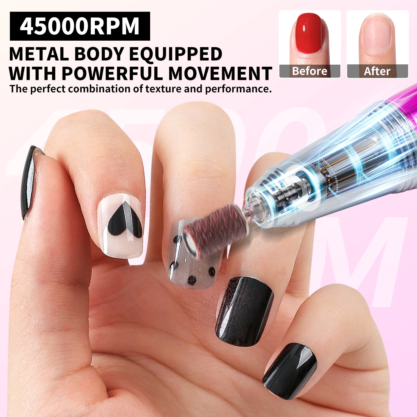 Limegirl Electric Nail Drill Kit 45000RPM Cordless Nail Drill with 11 Drill Bits, Rechargeable Nail E-File for Acrylic Gel Polishing Removing, Nail File Machine for Manicure Salon Home