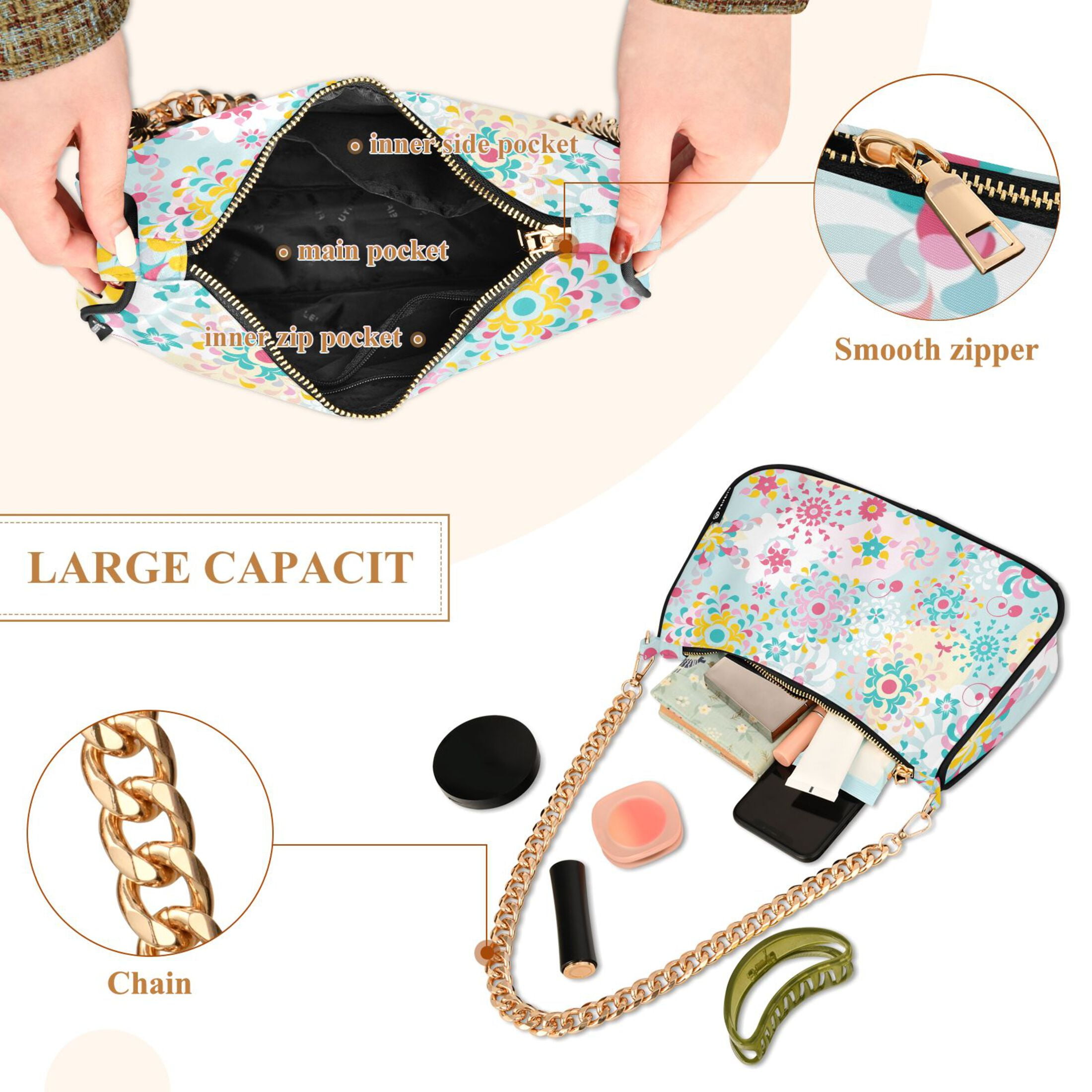Colorful Floral Flowers Pink and Blue Womens Chain Shoulder Bag Tote Handbag Clutch Hobo Purse with Zipper for Travel Casual