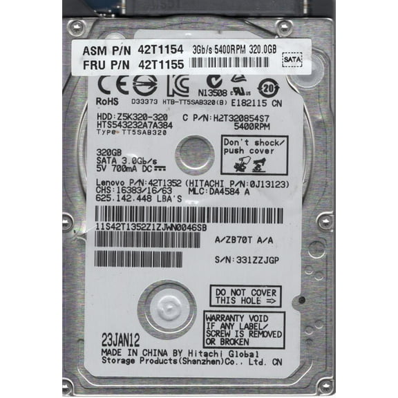 HTS543232A7A384, PN 0J13123, MLC DA4584, Hitachi 320GB SATA 2.5 Hard Drive
