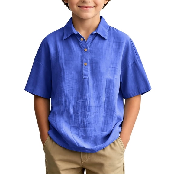 Grblisyd Boys Girls Polo Shirts Kids Solid Color Button Up Short Sleeve School Uniform V Neck Cotton Linen Shirt 10-12 Years