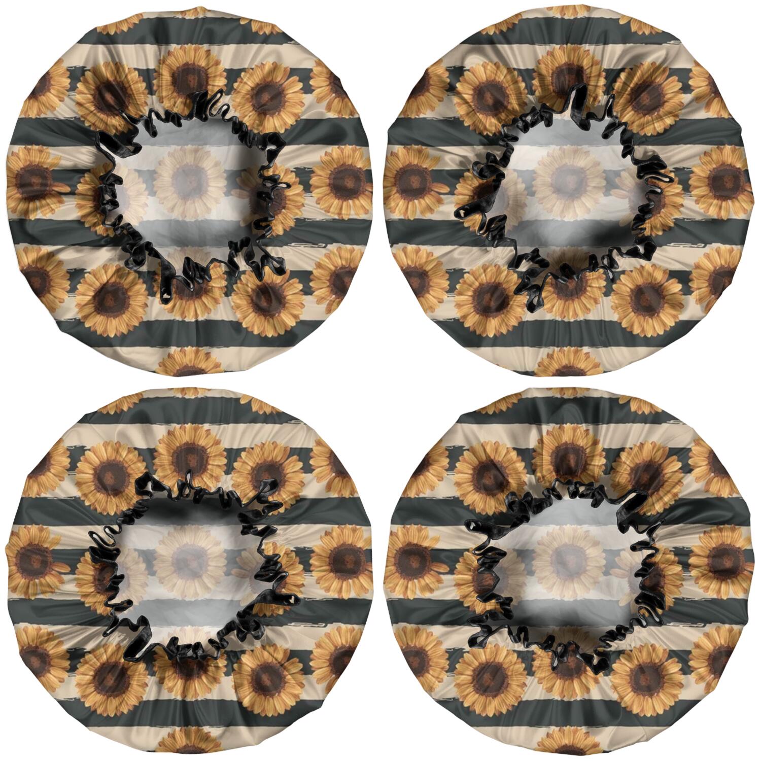 Shower Caps,Beige Stripe Sunflower Pattern Waterproof Shower Cap for Women 4 Pieces,Double Reusable Hair Cover for Shower PEVA Elastic Stretch Hem