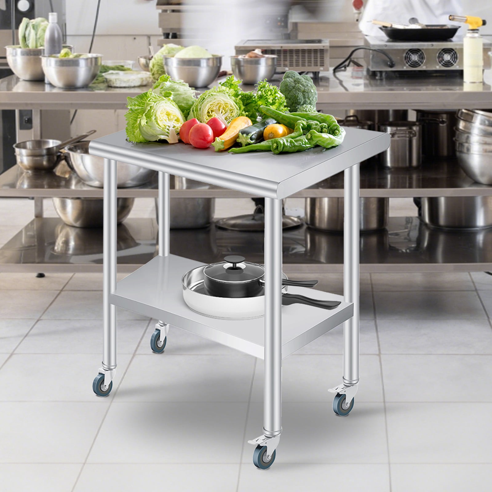 Stainless Steel Outdoor Kitchen Prep Table with Backsplash – Adjustable Undershelf, 4 Caster Wheels, Rounded Corners – Heavy Duty Storage Table for Restaurants, Hotels, Workspaces – 24 x 36 Inch