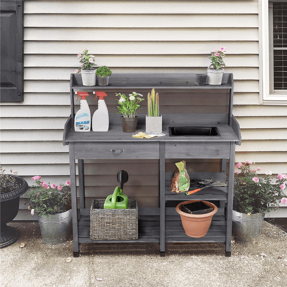 Alden design Wooden Potting Bench with Sink Drawer & 2 Shelves for Garden, Gray