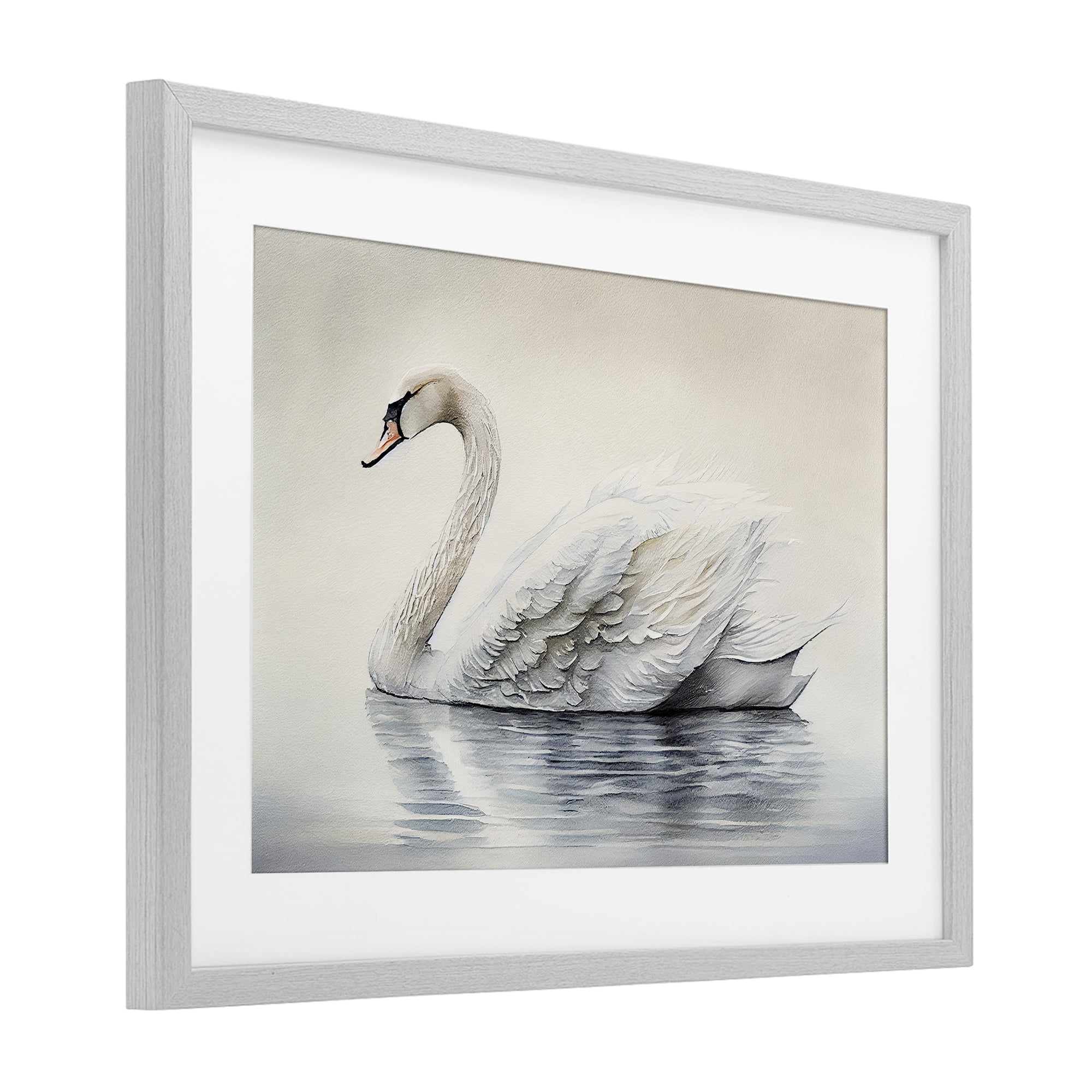 Elegant Floating Swan Gray Framed Print Under Glass, design by Sasha