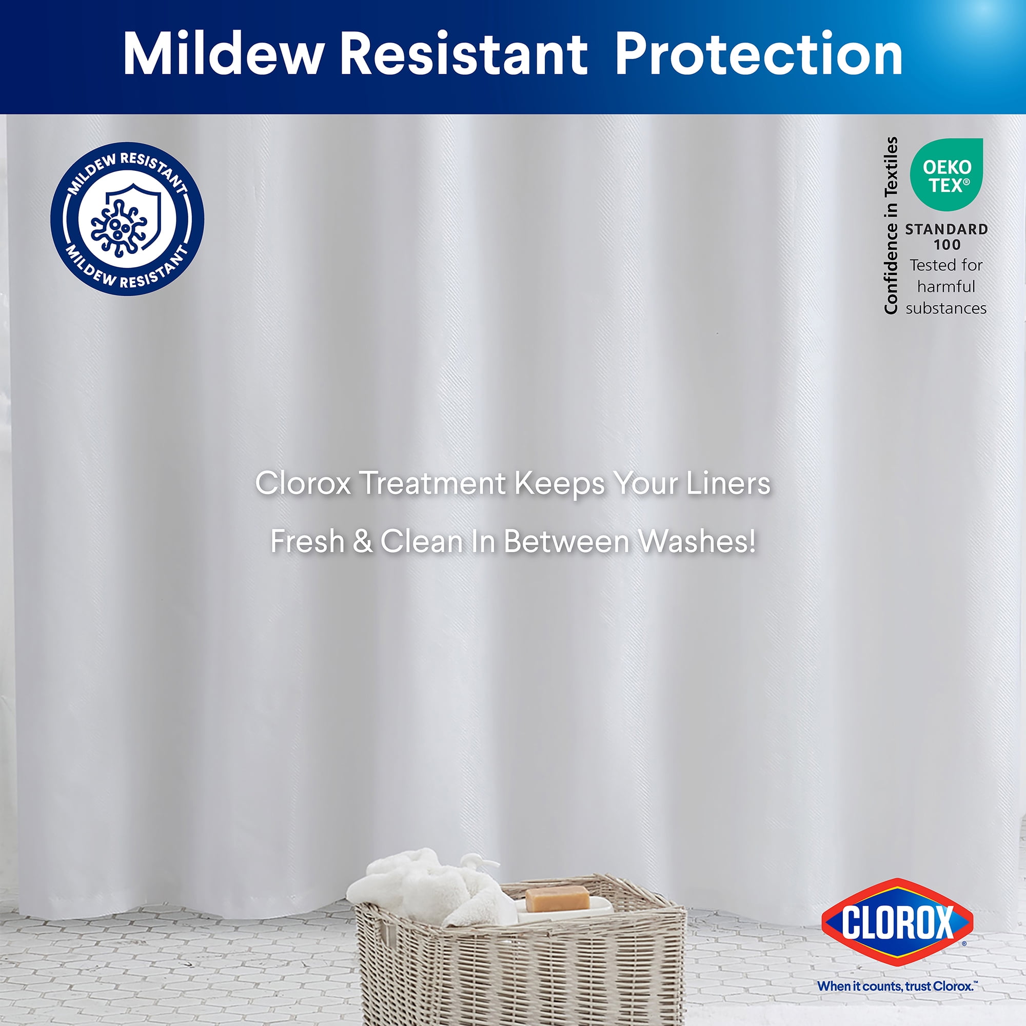Clorox 100% Polyester Shower Curtain Set with Waterproof PEVA Liner and 12 Metal Hooks (White)