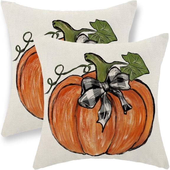 Fall Pillow Covers 18x18 Set of 2 Orange Pumpkin Leaves Fall Decor Pillowcase Autumn Harvest Thanksgiving Decorative Outdoor Throw Pillow Covers Linen Farmhouse Cushion Case for Couch Home