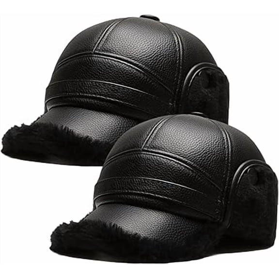 2026 Trend Winter Hat for Men - Sheepskin Earmuff Beanie, Soft Thick Thermal Fabric & Stylish Faux Leather Flat Top Cap, Cold Weather Outdoor(Black,2Pcs, B)
