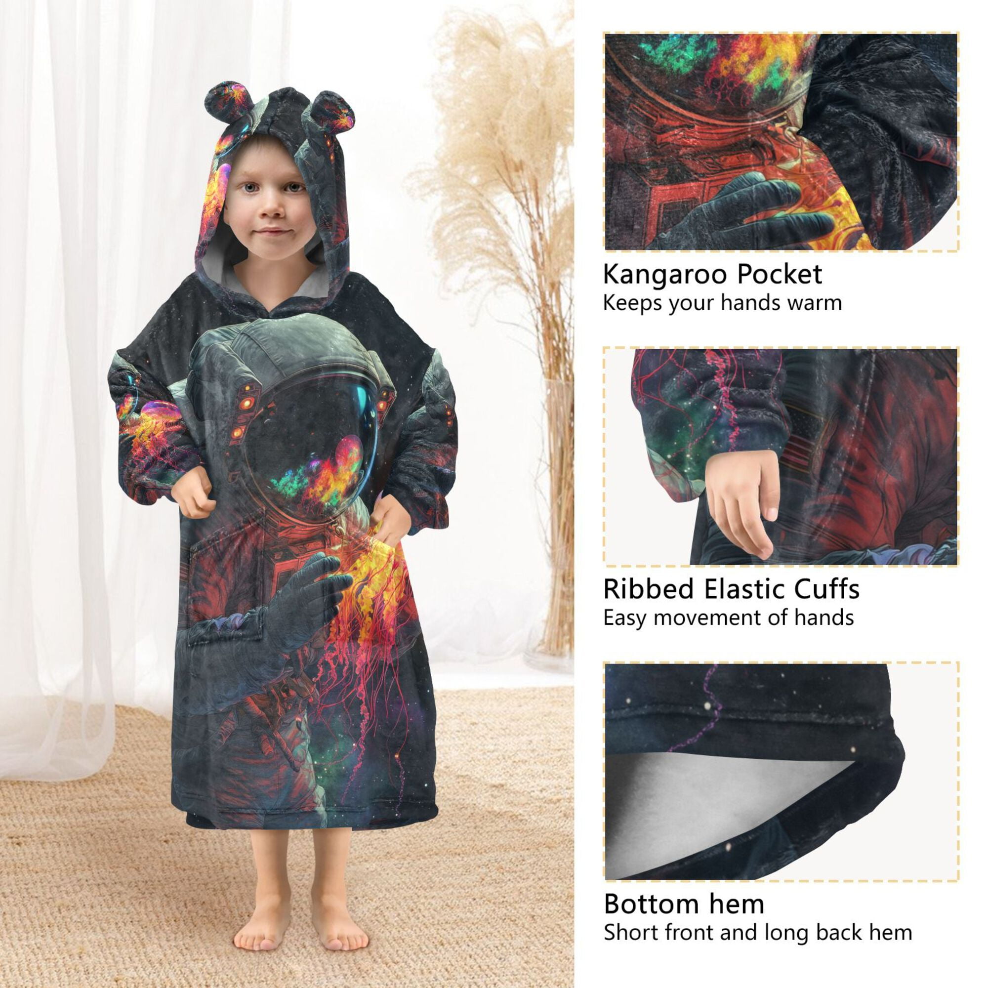 FORMRS Wearable Blanket Hoodie with Sleeves for Kids Cozy Flannel Sweatshirt, Black Astronaut
