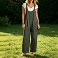 thumbnail image 7 of Women's Linen Wide Leg Overalls U Neck Sleeveless Loose Fit Side Pocket Casual Jumpsuit Long Pants for Weekend Casual Outing Army Green M, 7 of 7