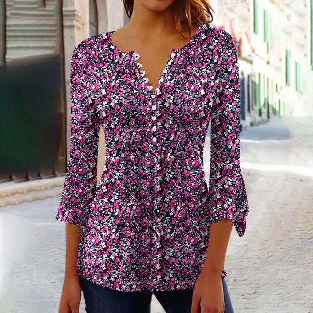 Babysbule Chemises pour Femmes Tunique Plissée 3/4 Hauts 2025 Tendance Habillée Décontractée Été Col en V Boutons Hauts