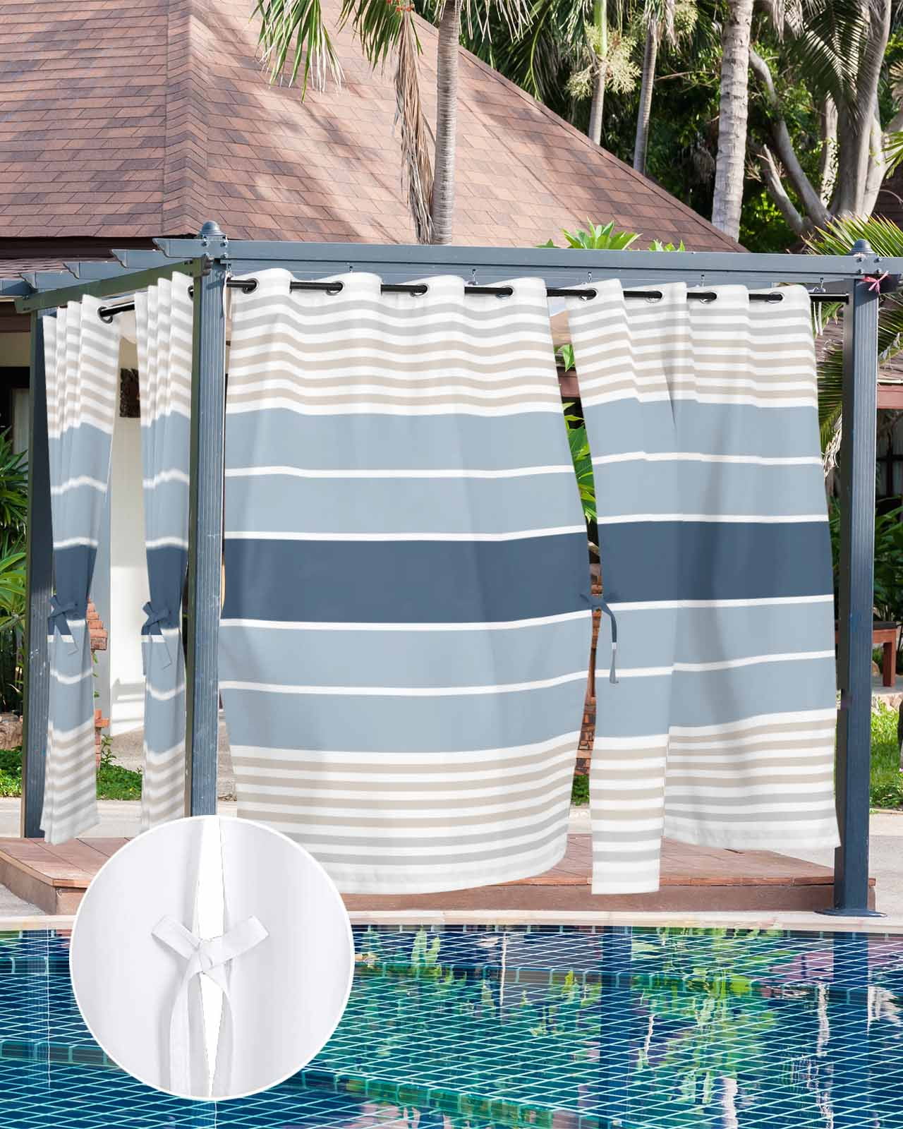 Grey Blue Stripes Outdoor Curtains for Patio, Country Modern Gradient Lines Art Privacy Drapes Grommet Waterproof Outside Curtains for Porch/Cabana/Balcony 54"x 95", 2 Panel