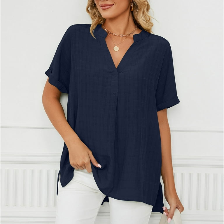 Zodggu Plus Pleated Blouses Shirts for Women 2023 Deals Fashion V Neck  Shirts Soft Comfy Loose Casual Tees Vintage Trendy Short Sleeve Womens Tops  Solid Color Blouse Summer Navy 8 