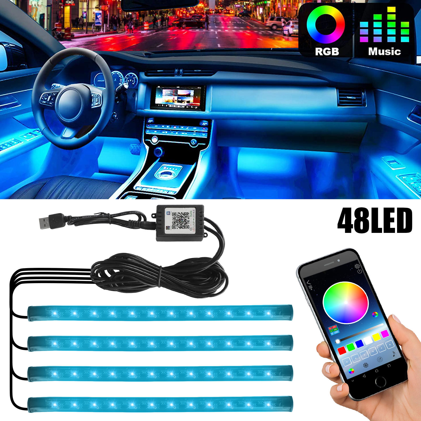 4X Car USB 36 LED RGB Music Lights Strip Interior Atmosphere Neon Lamp IR 