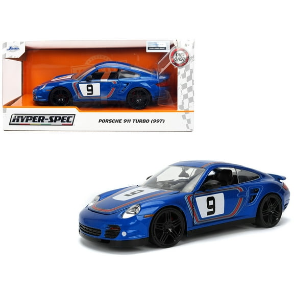Porsche 911 Turbo (997) #9 Blue Metallic with Stripes "Hyper-Spec" Series 1/24 Diecast Model Car by Jada