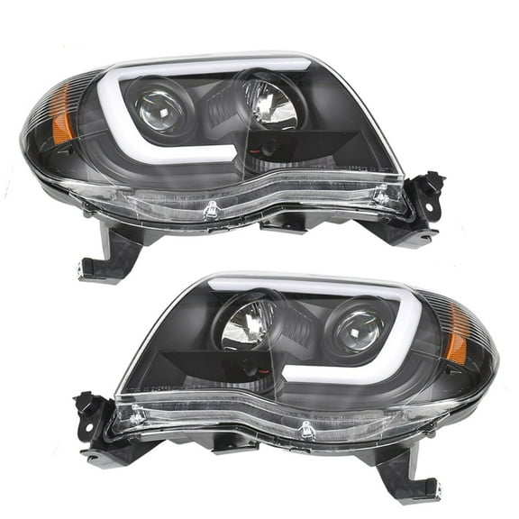 2 Pcs Headlights Assembly Set Black Smoked Led Tube Projector Left Right Headlamps Fit for Toyota Tacoma 2005-2011