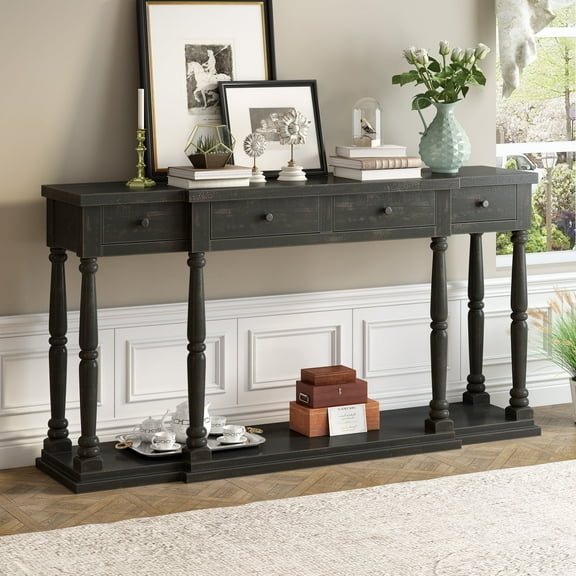 Royard Oaktree Retro Console Table with 4 Drawers and Storage Shelf, Wood Sofa Table for Living Room